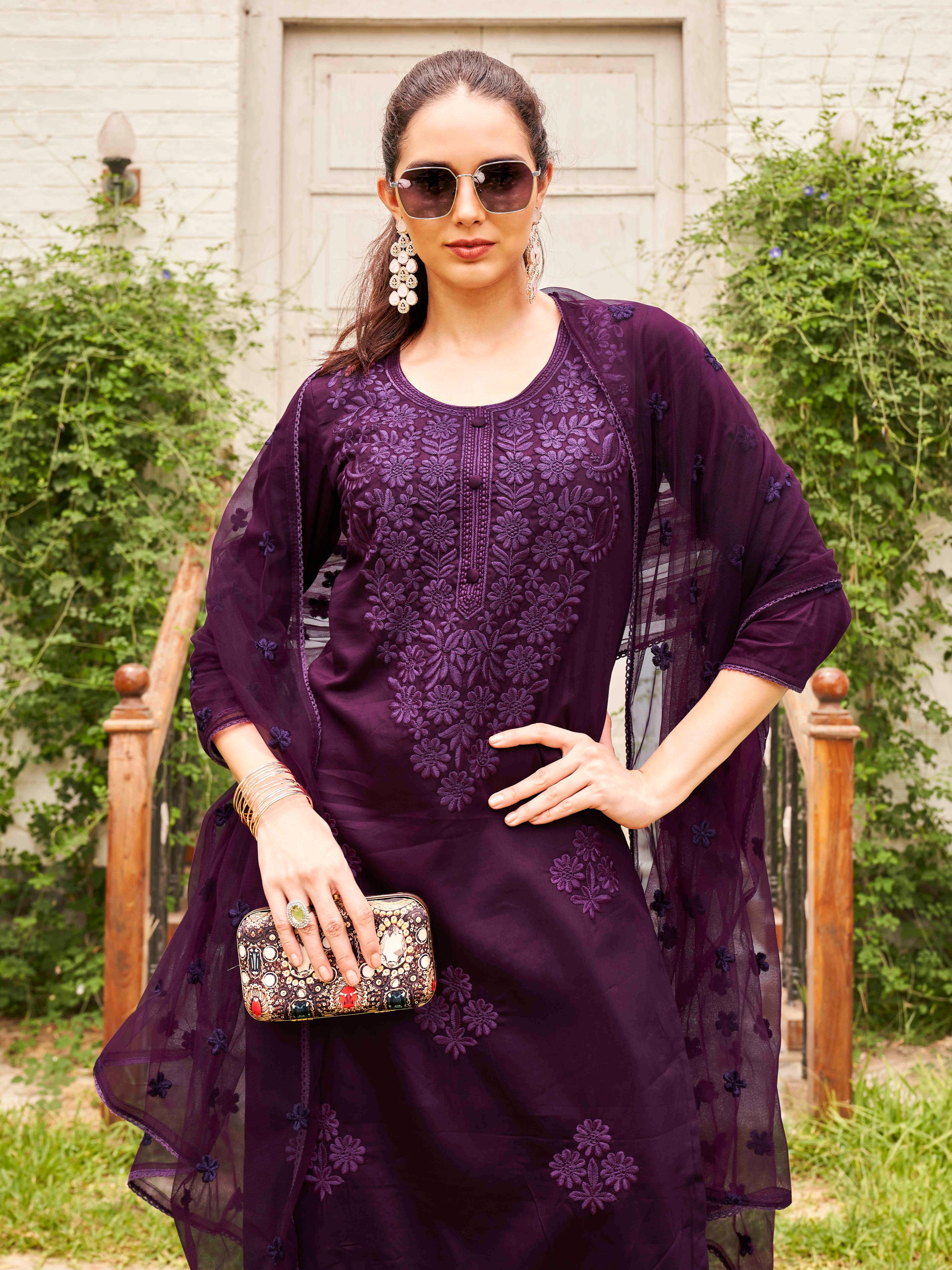Wine Silk Blend Tonal Thread Embroidered Straight Cut Kurta Set